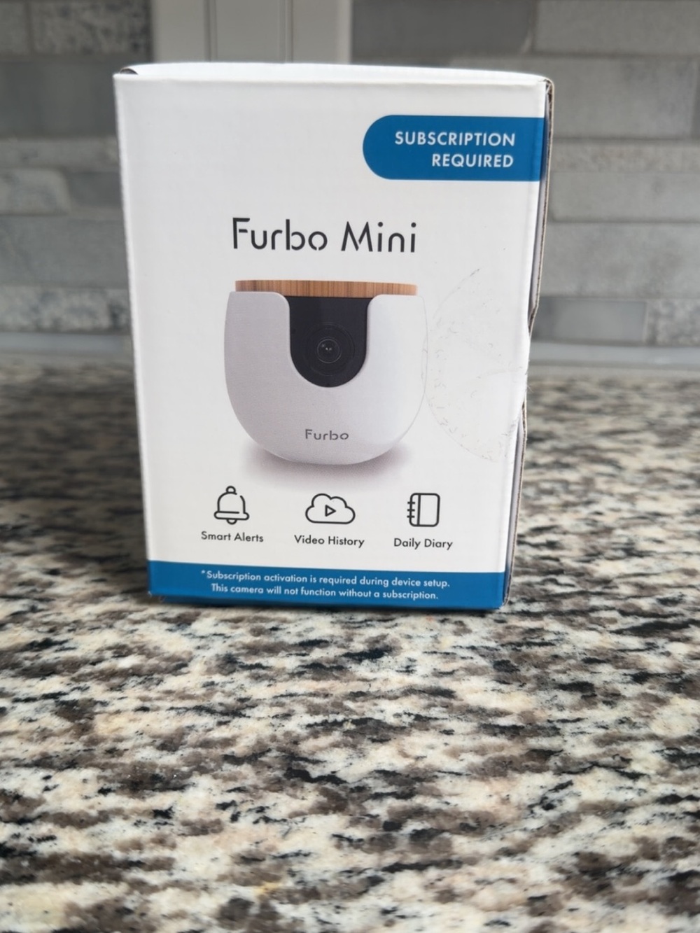 Furbo Mini White Indoor Pet Camera with Wood Accent